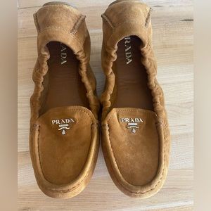 Prada brown suede slip on loafers